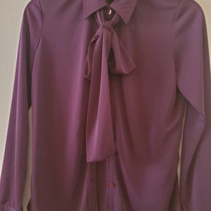 Express, burgundy, long sleeve, sheer, button down blouse with tie, size small